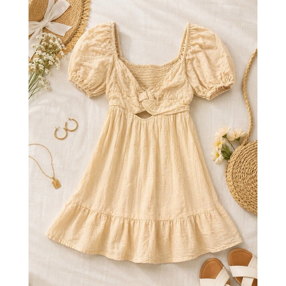 Cotton Candy LA Womens L Cream Puff Sleeve Mini Dress Cutout Cottagecore